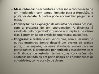 – Mesa-redonda: os expositores ficam sob a coordenação de
um moderador, com tempo limitado para a exposição, e
posterior debate. A platéia pode encaminhar perguntas à
mesa.
– Convenção: há a exposição de assuntos por várias pessoas,
com a presença de um coordenador. A dinâmica é
escolhida pelo organizador quando a duração é de vários
dias. É promovida por entidade empresarial ou política.
– Congresso: é realizado em vários dias, com a inclusão de
outros encontros dentro deste.é um evento de grande
porte, que engloba, inclusive atividades sociais para os
participantes. É promovido por entidades associativas com
a finalidade de estudar temas cujas conclusões são
adotadas no todo ou em parte depois de encaminhadas às
autoridades, como posição de classe.

 