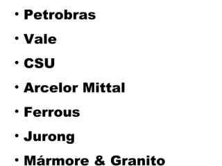 • Petrobras
• Vale
• CSU
• Arcelor Mittal
• Ferrous
• Jurong
• Mármore & Granito
 