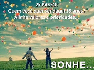 2º PASSO:
Quem você quer ser daqui 15 anos?
  Alinhe valores e prioridades...




                  SONHE...
 