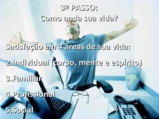 3º PASSO:
           Como anda sua vida?


Satisfação em 4 áreas de sua vida:
2.Individual (corpo, mente e espírito)
3.Familiar
4.Profissional
5.Social
 