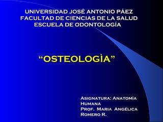 UNIVERSIDAD JOSÉ ANTONIO PÁEZ
FACULTAD DE CIENCIAS DE LA SALUD
   ESCUELA DE ODONTOLOGÍA




    “OSTEOLOGÌA”



                Asignatura: Anatomía
                Humana
                Prof. Maria Angélica
                Romero R.
 