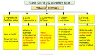 CA Dr Prithvi Ranjan Parhi
7
Valuation Premises
As per ICAI-VS 102 :Valuation Bases
1. Highest And
Best Use Value
2. Going
Concern Value
3. As Is Where
Is Value
4. Orderly
Liquidation
5. Forced
Transaction
Value at HABU
Conversion Cost
to be considered
Realisable value
of an asset on
liquidation after
allowing
appropriate
marketing efforts
and a reasonable
period of time
Seller is under
constraints to
sell an asset
without
appropriate
marketing
period or effort
Value of a
business
enterprise that
is expected to
continue to
operate in the
future
Value
Considering
the Existing
use of the
asset
 