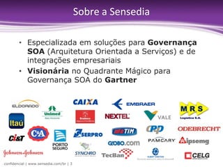 Sobre a Sensedia

        • Especializada em soluções para Governança
          SOA (Arquitetura Orientada a Serviços) e de
          integrações empresariais
        • Visionária no Quadrante Mágico para
          Governança SOA do Gartner




confidencial | www.sensedia.com/br | 3
 