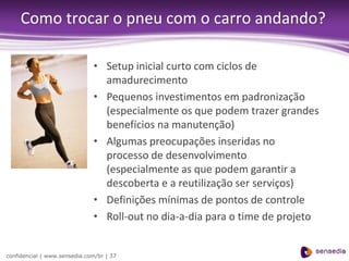 Como trocar o pneu com o carro andando?

                              • Setup inicial curto com ciclos de
                                amadurecimento
                              • Pequenos investimentos em padronização
                                (especialmente os que podem trazer grandes
                                benefícios na manutenção)
                              • Algumas preocupações inseridas no
                                processo de desenvolvimento
                                (especialmente as que podem garantir a
                                descoberta e a reutilização ser serviços)
                              • Definições mínimas de pontos de controle
                              • Roll-out no dia-a-dia para o time de projeto


confidencial | www.sensedia.com/br | 37
 