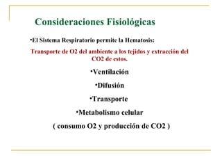 Consideraciones Fisiológicas
•El Sistema Respiratorio permite la Hematosis:
Transporte de O2 del ambiente a los tejidos y extracción del
                      CO2 de estos.

                      •Ventilación
                        •Difusión
                      •Transporte
                 •Metabolismo celular
        ( consumo O2 y producción de CO2 )
 