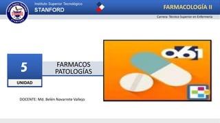 UNIDAD
5 FARMACOS
PATOLOGÍAS
FARMACOLOGÍA II
Carrera: Técnico Superior en Enfermería
DOCENTE: Md. Belén Navarrete Vallejo
 