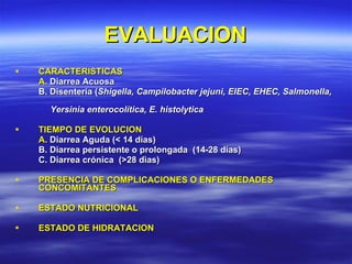 EVALUACION CARACTERISTICAS  A.  Diarrea Acuosa B. Disentería ( Shigella, Campilobacter jejuni, EIEC, EHEC, Salmonella,  Yersinia enterocolítica, E. histolytica TIEMPO DE EVOLUCION A.  Diarrea Aguda (< 14 días) B. Diarrea persistente o prolongada  (14-28 días) C. Diarrea crónica  (>28 dìas)  PRESENCIA DE COMPLICACIONES O ENFERMEDADES CONCOMITANTES ESTADO NUTRICIONAL ESTADO DE HIDRATACION 
