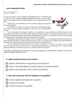 PROPUESTA DE EXAMEN, SEGUNDO BIMESTRE 2009-2010, 2o. PRIM.
Lee el siguiente relato
Texto: David Álvarez-Guerra
Ilustración: Yusell Marín
Un día de verano, iba yo silbando tranquilamente por el sendero que
va para mi casa. El lugar estaba polvoriento, iba con mi amigo Ariel,
quien me contaba lo bien que había jugado en la competencia de beis-
bol.
Como dije, yo iba silbando, pero de pronto vi algo entre el polvo.
¡Era una iguanita!
La observé un momento y le dije a Ariel que ahí estaba una igua-
na. Vimos que tenía algún problema y Ariel dijo que la ayudáramos
pronto.
No lo pensamos dos veces y cogimos a la iguanita, lo que realmente era difícil porque corren
muy rápido, pero esta vez fue fácil, pues de alguna manera la cola se le había atascado en una roca.
Con la cola casi desprendida, la llevamos rápidamente con Mario, un veterinario que es nuestro amigo
y sabíamos que nos ayudaría porque le encantan los reptiles.
Esperamos pacientemente, bueno, Ariel se quejaba mucho y se quejaba diciendo que Mario de-
bería haber terminado ya, pues qué tan difícil era curar a una iguana. Le contesté que seguramente ya
había terminado pero que quizá la estaba examinando por segunda vez.
En ese momento salió Mario con la iguana curada en la mano, de nuevo con su cola.
Les juro que cuando la iguanita nos vio, bajó del brazo de Mario y se encaramó en mi pierna. Rato
después salimos y me sentí muy bien por haber ayudado a la iguana.
Este relato lo envió David, tiene 10 años y cursa el quinto grado en la escuela Pedro Lantigua en Boca de Ca-
marioca, Varadero, Matanzas, Cuba.
6. ¿Qué sucedió primero en el relato?
David y Ariel llevaron a la iguanita con el veterinario
David y Ariel caminaban y de pronto vieron una iguanita enferma
Mario curó la iguanita y Ariel y David se la llevaron
7. ¿Por qué crees que Ariel se quejaba y se quejaba?
Porque estaba preocupado por la iguanita
Porque él era doctor
Porque no quería a la iguanita
A
B
C
A
B
C
 