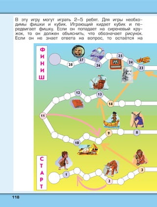 111188
В эту игру могут играть 2–5 ребят. Для игры необхо-
димы фишки и кубик. Играющий кидает кубик и пе-
редвигает фишку. Если он попадает на сиреневый кру-
жок, то он должен объяснить, что обозначает рисунок.
Если он не знает ответа на вопрос, то остаётся на
 