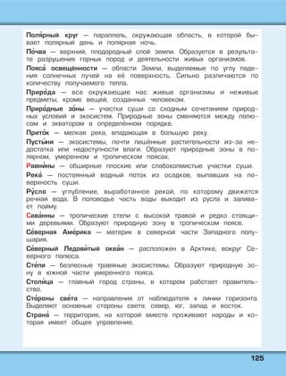 112255
Поля' рный круг — параллель, окружающая область, в которой бы-
вает полярный день и полярная ночь.
По' чва — верхний, плодородный слой земли. Образуется в результа-
те разрушения горных пород и деятельности живых организмов.
Пояса' освещённости — области Земли, выделяемые по углу паде-
ния солнечных лучей на её поверхность. Сильно различаются по
количеству получаемого тепла.
Приро' да — все окружающие нас живые организмы и неживые
предметы, кроме вещей, созданных человеком.
Приро' дные зо' ны — участки суши со сходным сочетанием природ-
ных условий и экосистем. Природные зоны сменяются между полю-
сом и экватором в определённом порядке.
Прито' к — мелкая река, впадающая в большую реку.
Пусты' ни — экосистемы, почти лишённые растительности из-за не-
достатка или недоступности влаги. Образуют природные зоны в по-
лярном, умеренном и тропическом поясах.
Равни' ны — обширные плоские или слабохолмистые участки суши.
Река' — постоянный водный поток из осадков, выпавших на по-
верхность суши.
Ру' сло — углубление, выработанное рекой, по которому движется
речная вода. В половодье часть воды выходит из русла и залива-
ет пойму.
Сава' нны — тропические степи с высокой травой и редко стоящи-
ми деревьями. Образуют природную зону в тропическом поясе.
Се' верная Аме' рика — материк в северной части Западного полу-
шария.
Се' верный Ледови' тый океа' н — расположен в Арктике, вокруг Се-
верного полюса.
Сте' пи — безлесные травяные экосистемы. Образуют природную зо-
ну в южной части умеренного пояса.
Столи' ца — главный город страны, в котором работает правитель-
ство.
Сто' роны све' та — направления от наблюдателя к линии горизонта.
Выделяют основные стороны света: север, юг, запад и восток.
Страна' — территория, на которой вместе проживают народы и ко-
торая имеет общее управление.
 