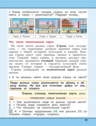 5511
Какие особенности городов сходны во всех частях
света, а какие — различаются? Подумай почему.
Что такое политическая карта
На свете много разных стран. Страна, или государ-
ство, – это территория, которую занимает народ или
народы с общей историей, культурой и языком. Каж-
дая страна имеет свои границы, законы и правитель-
ство. Главный город страны, в котором заседает пра-
вительство, называется столицей. Граждане каждой стра-
ны знают её историю и гордятся культурой своих
предков. Символ страны – государственный флаг.
Страны изображают на политической карте разным
цветом.
А ты можешь найти свою родную страну на карте?
Люди разных стран различаются по облику и об-
разу жизни. Но все они отличают добро от зла,
хорошее от плохого.
1. Чем различаются люди из разных частей света?
2. Почему люди стремятся жить вместе?
3. Что показано на политической карте?
4. Составь предложение (Н) или рассказ (П) со
словами «люди», «города», «страны».
Страна, столица, политическая карта, расы
Город в России Город в Турции Город в Китае
ПРИМЕНЯЕМ НОВЫЕ ЗНАНИЯ
 