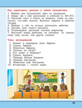 6633
Как подготовить рассказ о своём путешествии
1. Выбери для путешествия один из материков.
2. Найди, где о нём рассказано в учебнике (с. 64—81).
3. Прочитай текст и ответь на вопросы, чтобы не про-
пустить что-либо важное. Выполни задания в рабочей
тетради.
4. Выбери, о чём ты хочешь рассказать ребятам.
5. Составь план своего рассказа.
6. Потренируйся: расскажи сначала родителям.
7. Выступая перед ребятами, не волнуйся. Ты знаешь
свою тему лучше, чем другие ученики.
Темы исследований:
1. Климат и природные зоны Африки.
2. Страны Африки.
3. Животные Африки.
4. Полезен ли загар?
5. Кто живёт в Америке?
6. Страны Америки.
7. Природа Южной Америки.
8. Природа Австралии.
9. Животный мир Австралии.
10. Антарктида — страна льдов.
 