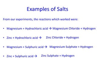 Examples of Salts
From our experiments, the reactions which worked were:
• Magnesium + Hydrochloric acid 
• Zinc + Hydrochloric acid 
• Magnesium + Sulphuric acid 
• Zinc + Sulphuric acid 
Magnesium Chloride + Hydrogen
Zinc Sulphate + Hydrogen
Magnesium Sulphate + Hydrogen
Zinc Chloride + Hydrogen
 