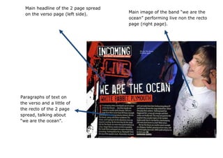 Main headline of the 2 page spread
  on the verso page (left side).       Main image of the band “we are the
                                       ocean” performing live non the recto
                                       page (right page).




Paragraphs of text on
the verso and a little of
the recto of the 2 page
spread, talking about
“we are the ocean”.
 