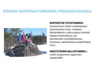 KONTEKSTIIN TUTUSTUMINEN=
tutustuminen ilmiön asiayhteyteen
(tutustuminen esim. uutiseen,
lehtiartikkeliin, julkisuudessa ilmiöstä
käytyyn keskusteluun, tai
vierailemalla luontokohteessa,
museossa, rakennetussa ympäristössä
mm.)
EKOSYSTEEMIN MALLINTAMINEN =
mallin tarjoaminen oppimisen
ympäristölle
 