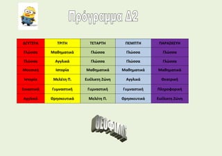 ΔΕΥΤΕΡΑ ΤΡΙΤΗ ΤΕΤΑΡΤΗ ΠΕΜΠΤΗ ΠΑΡΑΣΚΕΥΗ
Γλώσσα Μαθηματικά Γλώσσα Γλώσσα Γλώσσα
Γλώσσα Αγγλικά Γλώσσα Γλώσσα Γλώσσα
Μουσική Ιστορία Μαθηματικά Μαθηματικά Μαθηματικά
Ιστορία Μελέτη Π. Ευέλικτη Ζώνη Αγγλικά Θεατρική
Εικαστικά Γυμναστική Γυμναστική Γυμναστική Πληροφορική
Αγγλικά Θρησκευτικά Μελέτη Π. Θρησκευτικά Ευέλικτη Ζώνη
 