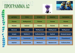 ΔΕΥΤΕΡΑ ΤΡΙΤΗ ΤΕΤΑΡΤΗ ΠΕΜΠΤΗ ΠΑΡΑΣΚΕΥΗ
Γλώσσα Μαθηματικά Γλώσσα Γλώσσα Γλώσσα
Γλώσσα Αγγλικά Γλώσσα Γλώσσα Γλώσσα
Μουσική Ιστορία Μαθηματικά Μαθηματικά Μαθηματικά
Ιστορία Μελέτη Π. Ευέλικτη Ζώνη Αγγλικά Θεατρική αγωγή
Εικαστικά Γυμναστική Γυμναστική Γυμναστική Πληροφορική
Αγγλικά Θρησκευτικά Μελέτη Π. Θρησκευτικά Ευέλικτη Ζώνη
 