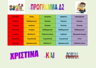 ΔΕΥΤΕΡΑ ΤΡΙΤΗ ΤΕΤΑΡΤΗ ΠΕΜΠΤΗ ΠΑΡΑΣΚΕΥΗ
Γλώσσα Μαθηματικά Γλώσσα Γλώσσα Γλώσσα
Γλώσσα Αγγλικά Γλώσσα Γλώσσα Γλώσσα
Μουσική Ιστορία Μαθηματικά Μαθηματικά Μαθηματικά
Ιστορία Μελέτη Π. Ευέλικτη Ζώνη Αγγλικά Θεατρική Αγωγή
Εικαστικά Γυμναστική Γυμναστική Γυμναστική Τ.Π.Ε.
Αγγλικά Θρησκευτικά Μελέτη Π. Θρησκευτικά Ευέλικτη Ζώνη
 