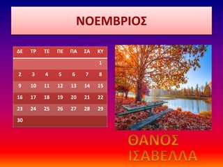 ΝΟΕΜΒΡΙΟΣ
ΔΕ ΤΡ ΤΕ ΠΕ ΠΑ ΣΑ ΚΥ
1
2 3 4 5 6 7 8
9 10 11 12 13 14 15
16 17 18 19 20 21 22
23 24 25 26 27 28 29
30
 