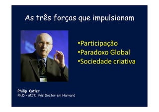As três forças que impulsionam
Philip Kotler
Ph.D – MIT; Pós Doctor em Harvard
•Participação
•Paradoxo Global
•Sociedade criativa
 
