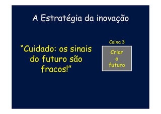 A Estratégia da inovação
Criar
o
futuro
Caixa 3
“Cuidado: os sinais
do futuro são
fracos!”
 
