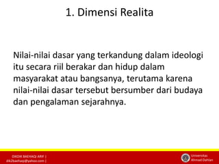 DIKDIK BAEHAQI ARIF | 
dik2baehaqi@yahoo.com | 
Universitas 
Ahmad Dahlan 
1. Dimensi Realita 
Nilai-nilai dasar yang terkandung dalam ideologi 
itu secara riil berakar dan hidup dalam 
masyarakat atau bangsanya, terutama karena 
nilai-nilai dasar tersebut bersumber dari budaya 
dan pengalaman sejarahnya. 
 