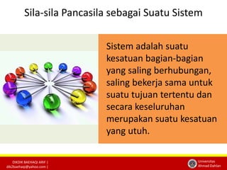 Sila-sila Pancasila sebagai Suatu Sistem 
DIKDIK BAEHAQI ARIF | 
dik2baehaqi@yahoo.com | 
Sistem adalah suatu 
kesatuan bagian-bagian 
yang saling berhubungan, 
saling bekerja sama untuk 
suatu tujuan tertentu dan 
secara keseluruhan 
merupakan suatu kesatuan 
yang utuh. 
Universitas 
Ahmad Dahlan 
 