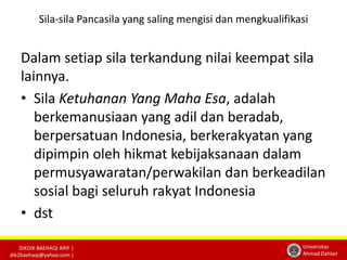 Sila-sila Pancasila yang saling mengisi dan mengkualifikasi 
Dalam setiap sila terkandung nilai keempat sila 
lainnya. 
• Sila Ketuhanan Yang Maha Esa, adalah 
berkemanusiaan yang adil dan beradab, 
berpersatuan Indonesia, berkerakyatan yang 
dipimpin oleh hikmat kebijaksanaan dalam 
permusyawaratan/perwakilan dan berkeadilan 
sosial bagi seluruh rakyat Indonesia 
• dst 
DIKDIK BAEHAQI ARIF | 
dik2baehaqi@yahoo.com | 
Universitas 
Ahmad Dahlan 
 