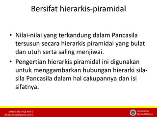 DIKDIK BAEHAQI ARIF | 
dik2baehaqi@yahoo.com | 
Universitas 
Ahmad Dahlan 
Bersifat hierarkis-piramidal 
• Nilai-nilai yang terkandung dalam Pancasila 
tersusun secara hierarkis piramidal yang bulat 
dan utuh serta saling menjiwai. 
• Pengertian hierarkis piramidal ini digunakan 
untuk menggambarkan hubungan hierarki sila-sila 
Pancasila dalam hal cakupannya dan isi 
sifatnya. 
 