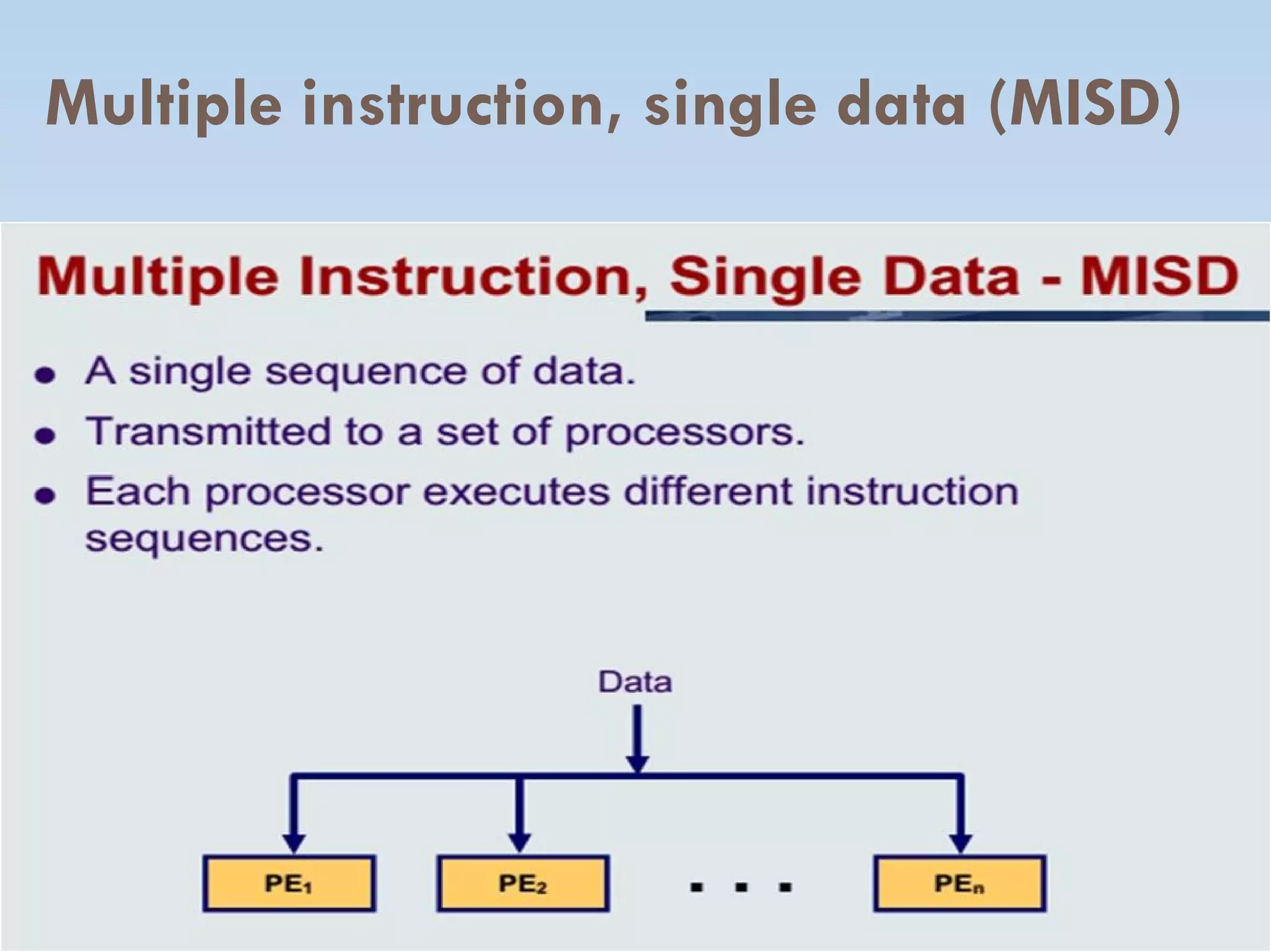 Multiple instruction, single data (MISD)
 