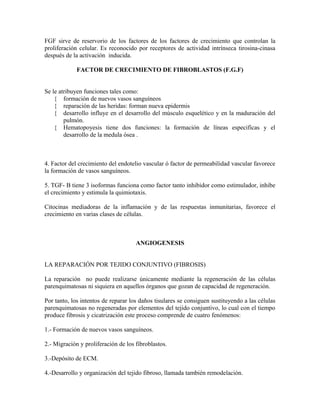FGF sirve de reservorio de los factores de los factores de crecimiento que controlan la
proliferación celular. Es reconocido por receptores de actividad intrínseca tirosina-cinasa
después de la activación inducida.
FACTOR DE CRECIMIENTO DE FIBROBLASTOS (F.G.F)
Se le atribuyen funciones tales como:
{ formación de nuevos vasos sanguíneos
{ reparación de las heridas: forman nueva epidermis
{ desarrollo influye en el desarrollo del músculo esquelético y en la maduración del
pulmón.
{ Hematopoyesis tiene dos funciones: la formación de líneas especificas y el
desarrollo de la medula ósea .
4. Factor del crecimiento del endotelio vascular ó factor de permeabilidad vascular favorece
la formación de vasos sanguíneos.
5. TGF- B tiene 3 isoformas funciona como factor tanto inhibidor como estimulador, inhibe
el crecimiento y estimula la quimiotaxis.
Citocinas mediadoras de la inflamación y de las respuestas inmunitarias, favorece el
crecimiento en varias clases de células.
ANGIOGENESIS
LA REPARACIÓN POR TEJIDO CONJUNTIVO (FIBROSIS)
La reparación no puede realizarse únicamente mediante la regeneración de las células
parenquimatosas ni siquiera en aquellos órganos que gozan de capacidad de regeneración.
Por tanto, los intentos de reparar los daños tisulares se consiguen sustituyendo a las células
parenquimatosas no regeneradas por elementos del tejido conjuntivo, lo cual con el tiempo
produce fibrosis y cicatrización este proceso comprende de cuatro fenómenos:
1.- Formación de nuevos vasos sanguíneos.
2.- Migración y proliferación de los fibroblastos.
3.-Depósito de ECM.
4.-Desarrollo y organización del tejido fibroso, llamada también remodelación.
 