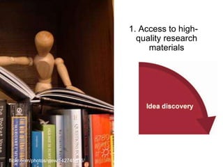 1. Access to high-
quality research
materials
flickr.com/photos/view/142745616/
 