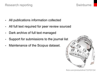 SwinburneResearch reporting
- All publications information collected
- All full text required for peer review sourced
- Dark archive of full text managed
- Support for submissions to the journal list
- Maintenance of the Scopus dataset.
flickr.com/photos/lofink/733705154/
 
