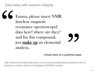 50
Data helps with research integrity
http://www.timeshighereducation.co.uk/news/accidentally-published-note-to-
papers-co-author-sparks-investigation/2006831.article
Emma, please insert NMR
[nuclear magnetic
resonance spectroscopy]
data here! where are they?
and for this compound,
just make up an elemental
analysis.
* Actual notes on a published paper
 