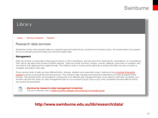 Swinburne
http://www.swinburne.edu.au/lib/research/data/
51
 