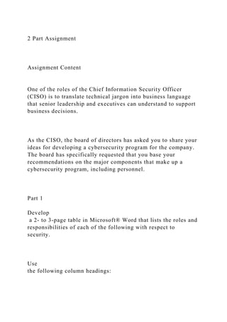 2 Part Assignment
Assignment Content
One of the roles of the Chief Information Security Officer
(CISO) is to translate technical jargon into business language
that senior leadership and executives can understand to support
business decisions.
As the CISO, the board of directors has asked you to share your
ideas for developing a cybersecurity program for the company.
The board has specifically requested that you base your
recommendations on the major components that make up a
cybersecurity program, including personnel.
Part 1
Develop
a 2- to 3-page table in Microsoft® Word that lists the roles and
responsibilities of each of the following with respect to
security.
Use
the following column headings:
 