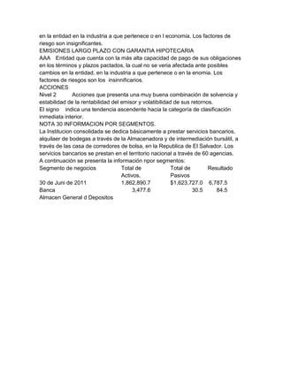 en la entidad en la industria a que pertenece o en l economia. Los factores de
riesgo son insignificantes.
EMISIONES LARGO PLAZO CON GARANTIA HIPOTECARIA
AAA Entidad que cuenta con la más alta capacidad de pago de sus obligaciones
en los términos y plazos pactados, la cual no se veria afectada ante posibles
cambios en la entidad, en la industria a que pertenece o en la enomia. Los
factores de riesgos son los insinnificarios.
ACCIONES
Nivel 2       Acciones que presenta una muy buena combinación de solvencia y
estabilidad de la rentabilidad del emisor y volatibilidad de sus retornos.
El signo indica una tendencia ascendente hacia la categoría de clasificación
inmediata interior.
NOTA 30 INFORMACION POR SEGMENTOS.
La Institucion consolidada se dedica básicamente a prestar servicios bancarios,
alquilaer de bodegas a través de la Almacenadora y de intermediación bursátil, a
través de las casa de corredores de bolsa, en la Republica de El Salvador. Los
servicios bancarios se prestan en el territorio nacional a través de 60 agencias.
A continuación se presenta la información npor segmentos:
Segmento de negocios               Total de              Total de       Resultado
                                   Activos.              Pasivos
30 de Juni de 2011                 1,862,890.7           $1,623.727.0 6,787.5
Banca                                   3,477.6                   30.5     84.5
Almacen General d Depositos
 