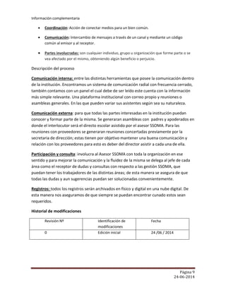 Página 9
24-06-2014
Información complementaria
 Coordinación: Acción de conectar medios para un bien común.
 Comunicación: Intercambio de mensajes a través de un canal y mediante un código
común al emisor y al receptor.
 Partes involucradas: son cualquier individuo, grupo u organización que forme parte o se
vea afectado por el mismo, obteniendo algún beneficio o perjuicio.
Descripción del proceso
Comunicación interna: entre las distintas herramientas que posee la comunicación dentro
de la institución. Encontramos un sistema de comunicación radial con frecuencia cerrado,
también contamos con un panel el cual debe de ser leído este cuenta con la información
más simple relevante. Una plataforma institucional con correo propio y reuniones o
asambleas generales. En las que pueden variar sus asistentes según sea su naturaleza.
Comunicación externa: para que todas las partes interesadas en la institución puedan
conocer y formar parte de la misma. Se generaran asambleas con padres y apoderados en
donde el interlocutor será el directo escolar asistido por el asesor SSOMA. Para las
reuniones con proveedores se generaran reuniones concertadas previamente por la
secretaria de dirección; estas tienen por objetivo mantener una buena comunicación y
relación con los proveedores para esto es deber del director asistir a cada una de ella.
Participación y consulta: involucra al Asesor SSOMA con toda la organización en ese
sentido y para mejorar la comunicación y la fluidez de la misma se delega al jefe de cada
área como el receptor de dudas y consultas con respecto a las gestión SSOMA, que
puedan tener los trabajadores de las distintas áreas; de esta manera se asegura de que
todas las dudas y aun sugerencias puedan ser solucionadas convenientemente.
Registros: todos los registros serán archivados en físico y digital en una nube digital. De
esta manera nos aseguramos de que siempre se puedan encontrar cunado estos sean
requeridos.
Historial de modificaciones
Revisión Nº Identificación de
modificaciones
Fecha
0 Edición inicial 24 /06 / 2014
 