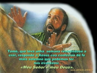 Tomé, que leva unha semana resistíndose aTomé, que leva unha semana resistíndose a
crer, responde a Xesús coa confesión de fecrer, responde a Xesús coa confesión de fe
máis solemne que podemos lermáis solemne que podemos ler
nos evanxeos:nos evanxeos:
«Meu Señor e meu Deus«Meu Señor e meu Deus».
 
