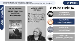 MARLENE NOBRE
(1937-2015)
Médica, paulista, espírita.
Foi uma das responsáveis
pela fundação da AME
Brasil, Associação Médico
Espírita do Brasil
Primeira Parte
• O QUE SE DOA?
Segunda Parte
• COMO É QUE SE DOA?
Terceira Parte
• COMO SE DOA?
Quarta Parte
• QUEM DOA? QUEM RECEBE?
ESTUDO DO LIVRO:
O PASSE COMO CURA
MAGNÉTICA
Marlene Nobre
Instituto Espírita Dias da Cruz - Porto Alegre/RS - Março 2020
Grupo de Estudo Fraternidade - Facilitadoras: Dioni Aguiar Machado e Vera Saucedo - Arte: Denise Aguiar
O PASSE ESPÍRITA
CONTINUAÇÃO 2ª PARTE
 