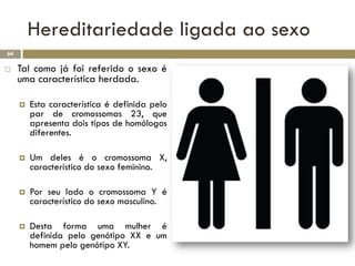 Hereditariedade ligada ao sexo
64

    Tal como já foi referido o sexo é
     uma característica herdada.

        Esta característica é definida pelo
         par de cromossomas 23, que
         apresenta dois tipos de homólogos
         diferentes.

        Um deles é o cromossoma X,
         característico do sexo feminino.

        Por seu lado o cromossoma Y é
         característico do sexo masculino.

        Desta forma uma mulher é
         definida pelo genótipo XX e um
         homem pelo genótipo XY.
 