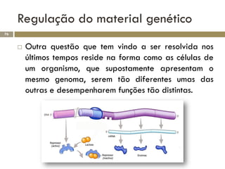 Regulação do material genético
76


        Outra questão que tem vindo a ser resolvida nos
         últimos tempos reside na forma como as células de
         um organismo, que supostamente apresentam o
         mesmo genoma, serem tão diferentes umas das
         outras e desempenharem funções tão distintas.
 
