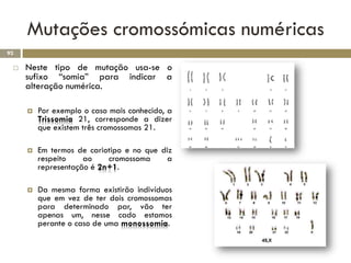 Mutações cromossómicas numéricas
92

    Neste tipo de mutação usa-se o
     sufixo “somia” para indicar a
     alteração numérica.

        Por exemplo o caso mais conhecido, a
         Trissomia 21, corresponde a dizer
         que existem três cromossomas 21.

        Em termos de cariotipo e no que diz
         respeito    ao    cromossoma     a
         representação é 2n+1.

        Da mesma forma existirão indivíduos
         que em vez de ter dois cromossomas
         para determinado par, vão ter
         apenas um, nesse cado estamos
         perante o caso de uma monossomia.
 