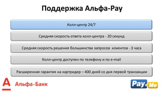 Поддержка	Альфа-Pay
Колл-центр	24/7
Расширенная	гарантия	на	картридер – 400	дней	со	дня	первой	транзакции
Колл-центр	доступен	по	телефону	и	по	e-mail
Средняя	скорость	решения	большинства	запросов		клиентов	- 3	часа
Средняя	скорость	ответа	колл-центра	- 20	секунд
 