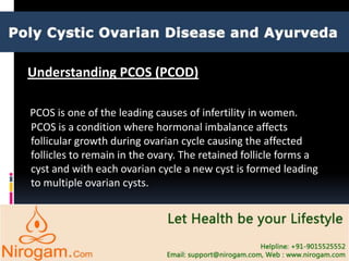 Understanding PCOS (PCOD)
PCOS is one of the leading causes of infertility in women.
PCOS is a condition where hormonal imbalance affects
follicular growth during ovarian cycle causing the affected
follicles to remain in the ovary. The retained follicle forms a
cyst and with each ovarian cycle a new cyst is formed leading
to multiple ovarian cysts.
Web: www.nirogam.com
Help line: +91-9015525552
Email: support@nirogam.com
 
