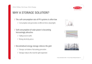 2
WHY A STORAGE SOLUTION?
/ The self-consumption rate of PV systems is often low
/ Consumption and generation at different times (day/night)
/ Self-consumption of solar power is becoming
increasingly attractive
/ Falling feed-in tariffs
/ Rising electricity prices
/ Decentralised energy storage relieves the grid
/ Storage can balance fluctuating generation
/ Storage reduces the need for grid expansion
Fronius International GmbH / Fronius Energy Package/ December 14
 