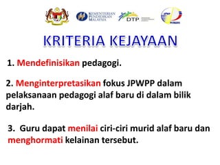 3. Guru dapat menilai ciri-ciri murid alaf baru dan
menghormati kelainan tersebut.
2. Menginterpretasikan fokus JPWPP dalam
pelaksanaan pedagogi alaf baru di dalam bilik
darjah.
1. Mendefinisikan pedagogi.
 