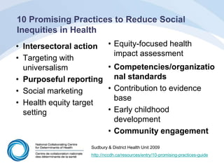 10 Promising Practices to Reduce Social
Inequities in Health
• Intersectoral action
• Targeting with
universalism
• Purposeful reporting
• Social marketing
• Health equity target
setting
• Equity-focused health
impact assessment
• Competencies/organizatio
nal standards
• Contribution to evidence
base
• Early childhood
development
• Community engagement
http://nccdh.ca/resources/entry/10-promising-practices-guide
Sudbury & District Health Unit 2009
 