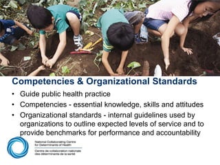 Competencies & Organizational Standards
• Guide public health practice
• Competencies - essential knowledge, skills and attitudes
• Organizational standards - internal guidelines used by
organizations to outline expected levels of service and to
provide benchmarks for performance and accountability
 