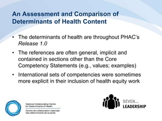 An Assessment and Comparison of
Determinants of Health Content
• The determinants of health are throughout PHAC’s
Release 1.0
• The references are often general, implicit and
contained in sections other than the Core
Competency Statements (e.g., values; examples)
• International sets of competencies were sometimes
more explicit in their inclusion of health equity work
 